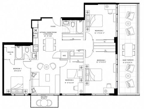 Floor plan for 4 beds, 2 baths, 1220 sqft